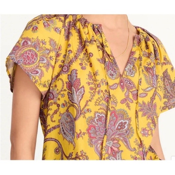 J Crew Collection Women L Top Tie-Neck Cotton Poplin Ratti Golden Paisley Casual - Picture 2 of 13